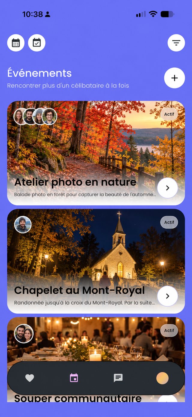 Écran Événements : atelier photo en nature, chapelet au Mont-Royal, souper communautaire
